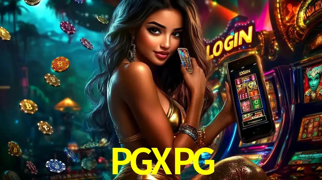 Mulher em um cenário de cassino temático de aventura, mostrando o app de caça-níqueis da PGXPG no celular. Fichas de apostas flutuam ao redor.