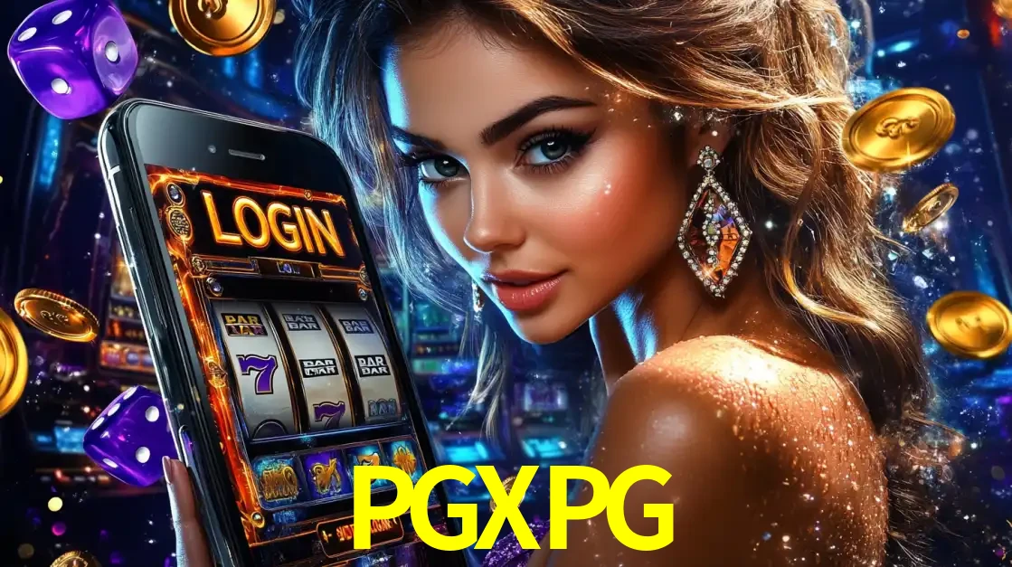 Mulher glamorosa segurando um smartphone com a tela de login para os jogos de caça-níqueis do cassino online PGXPG, com moedas de ouro e dados ao redor.