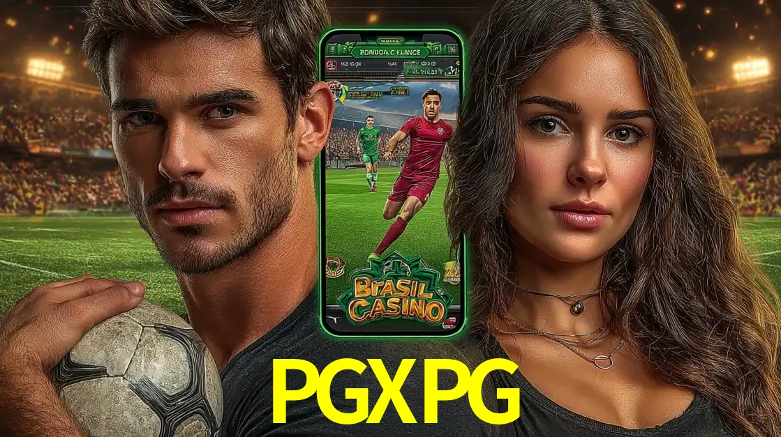 Homem segurando uma bola de futebol e uma mulher ao lado de um smartphone exibindo o jogo de apostas esportivas da PGXPG. Faça seu palpite no cassino online.